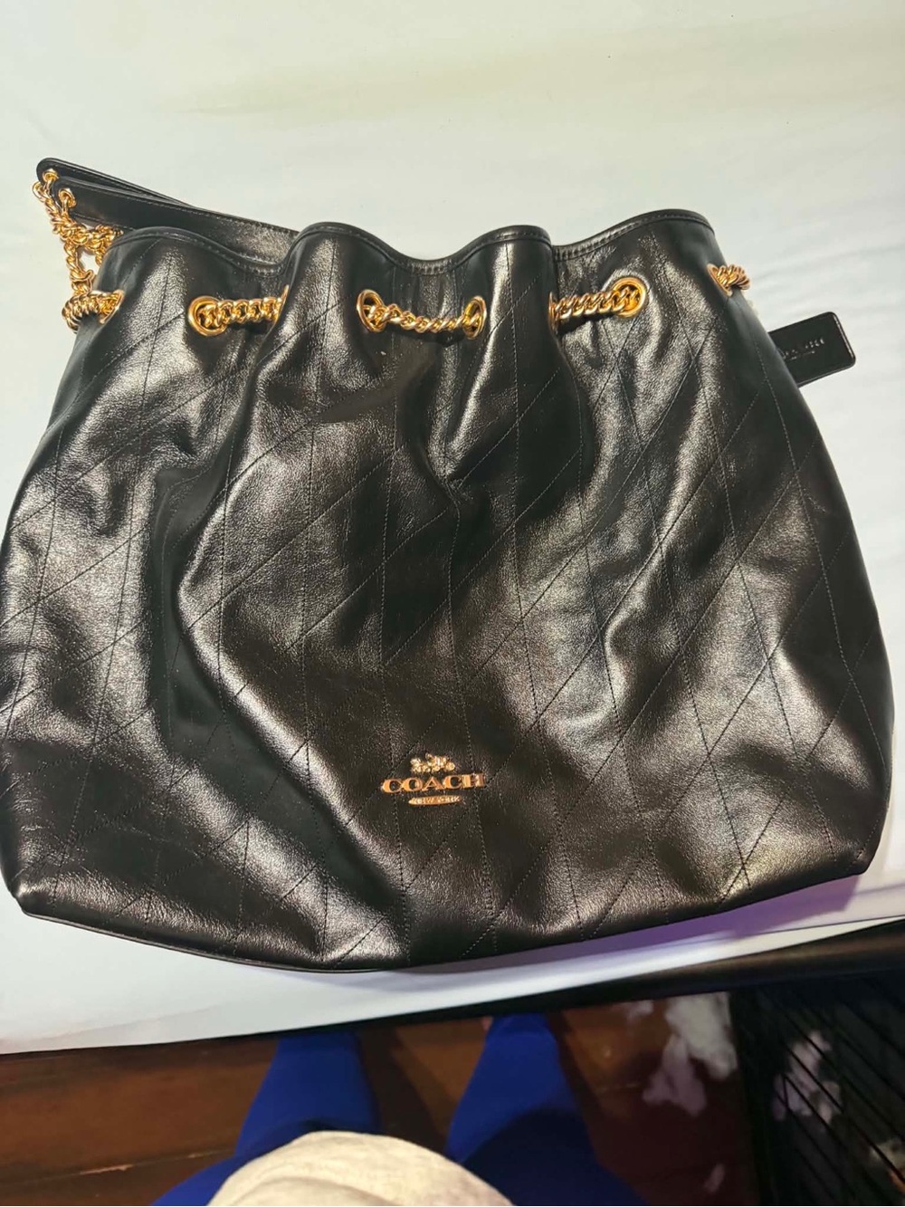 Coach Black Quilted Leather Drawstring Shoulder Bag with Gold Hardware